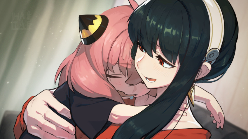 2girls anya_(spy_x_family) bangs black_hair black_shirt child closed_eyes commentary curtains drooling earrings gold_earrings hata4564 highres hug jewelry light_blush light_particles long_hair long_sleeves looking_at_another multiple_girls open_mouth pink_hair red_eyes shirt smile spy_x_family yor_briar