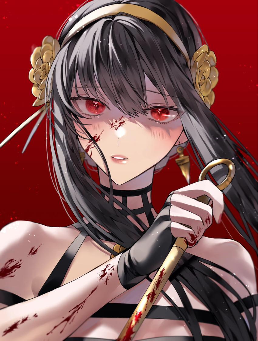 1girl bare_shoulders black_dress black_gloves black_hair blood blood_on_arm blood_on_face blood_on_hands blood_on_weapon blush dagger dress earrings fingerless_gloves gloves gold_earrings gold_hairband hair_between_eyes hair_bun hair_ornament hairband highres holding holding_dagger holding_weapon jewelry knife looking_at_viewer parted_lips red_background red_eyes rose_hair_ornament shimatori_(sanyyyy) short_hair short_hair_with_long_locks sidelocks simple_background solo spy_x_family upper_body weapon yor_briar