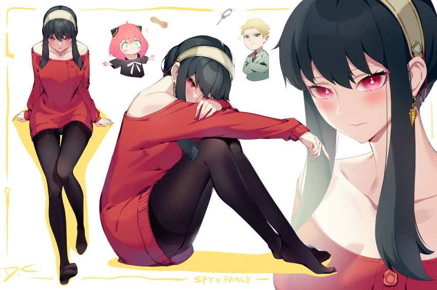 1boy 2girls anya_(spy_x_family) arm_rest arms_at_sides bangs bare_shoulders black_hair black_legwear blonde_hair blush breasts child closed_mouth collarbone copyright_name covered_mouth crossed_arms dreamcatcher dress earrings embarrassed eyelashes formal grenade_pin hairband hand_on_own_arm head_rest highres jewelry knee_up knees_up long_hair long_sleeves looking_at_viewer looking_to_the_side looking_up multiple_girls multiple_views no_shoes off-shoulder_sweater off_shoulder outstretched_arm outstretched_arms pantyhose peanut pink_eyes pink_hair red_dress red_eyes red_sweater sidelocks spread_arms spy_x_family suit sweater sweater_dress twilight_(spy_x_family) updo white_background yor_briar