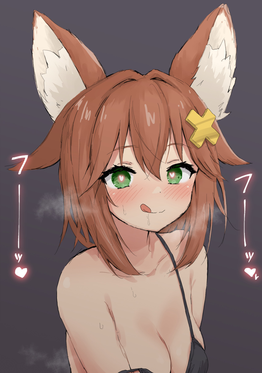 1girl :q absurdres animal_ears blush breasts brown_hair cleavage fox_ears grey_background hair_ornament heart heart-shaped_pupils highres indie_virtual_youtuber looking_at_viewer medium_breasts medium_hair nekoname_tuna simple_background smile solo strap_slip symbol-shaped_pupils tongue tongue_out upper_body x_hair_ornament yakihebi