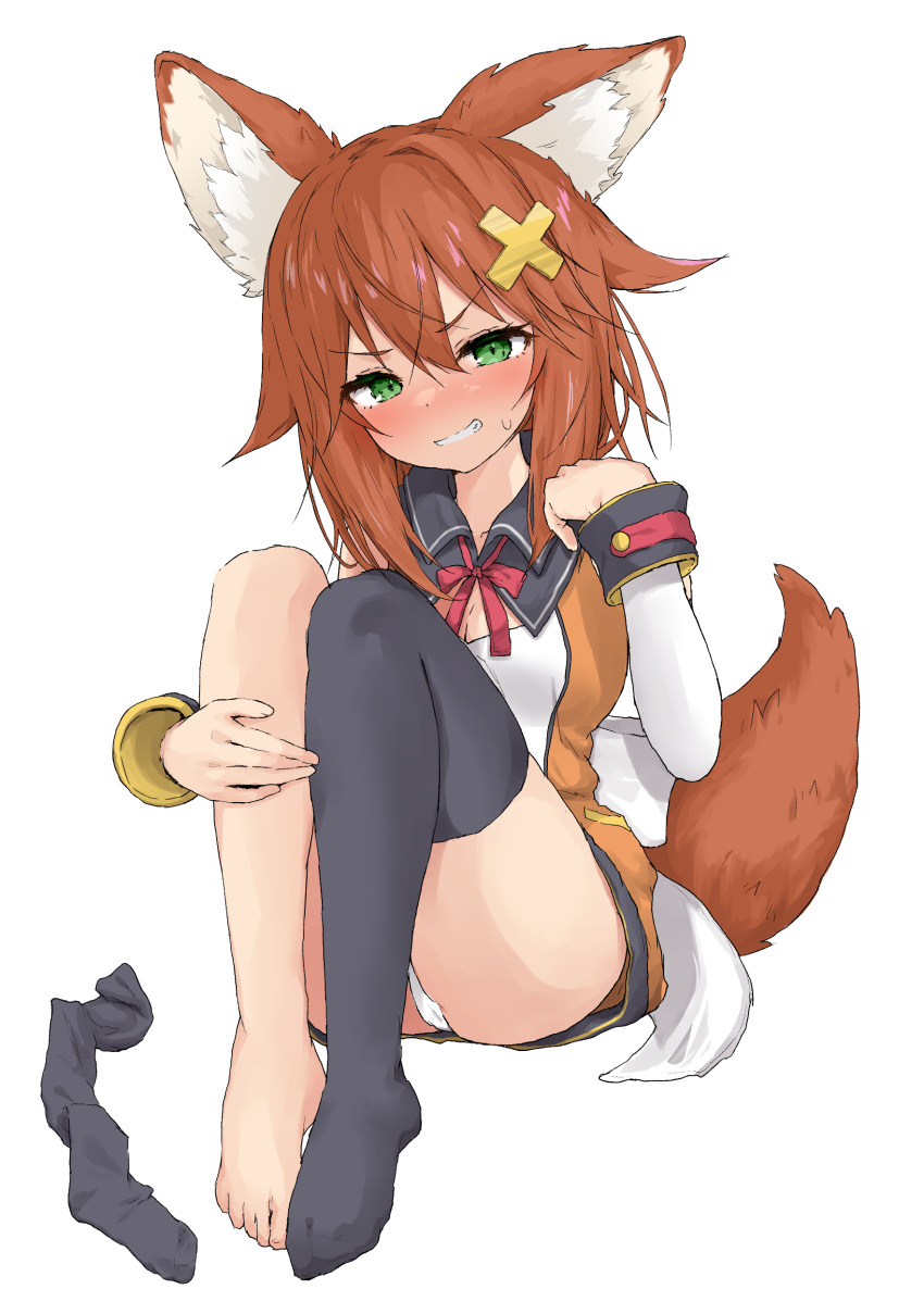 1girl absurdres animal_ears black_legwear brown_hair fox_ears fox_tail full_body green_eyes grin hair_ornament hand_up highres indie_virtual_youtuber long_hair looking_at_viewer neck_ribbon nekoname_tuna orange_shirt panties panty_peek red_ribbon ribbon shirt simple_background single_thighhigh sitting smile solo tail thighhighs underwear white_background white_panties x_hair_ornament yakihebi