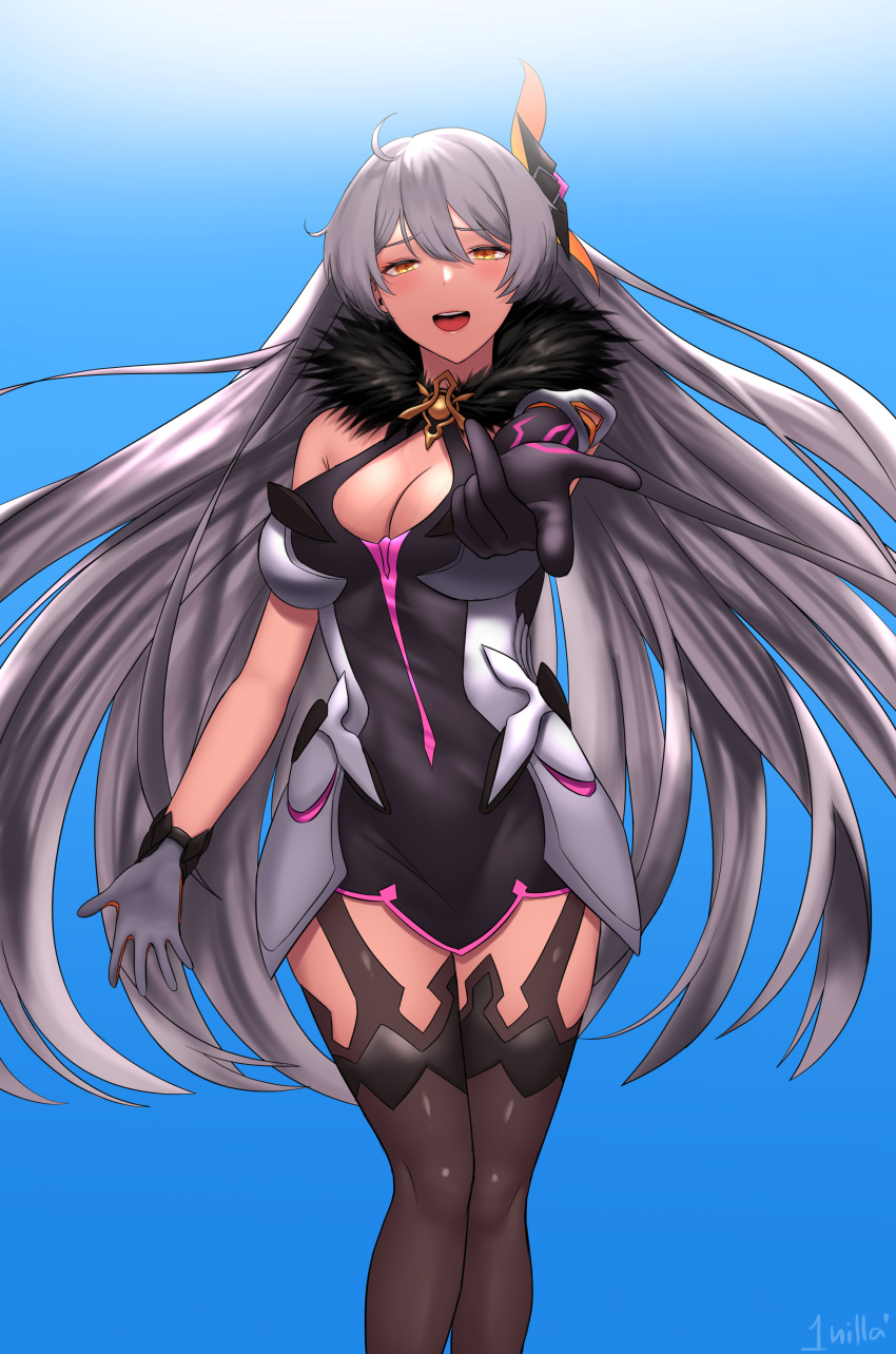 1girl 1nilla' :d absurdres asymmetrical_gloves bangs black_footwear black_gloves blue_sky boots breasts cleavage dress gloves hair_ornament highres honkai_(series) honkai_impact_3rd kiana_kaslana kiana_kaslana_(herrscher_of_the_void) long_hair looking_at_viewer mismatched_gloves open_mouth outdoors sky smile solo thigh_boots thighhighs white_dress white_gloves white_hair yellow_eyes