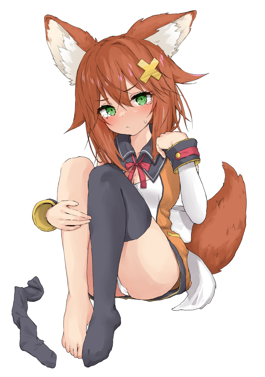 1girl absurdres animal_ears black_legwear brown_hair closed_mouth fox_ears fox_tail full_body green_eyes hair_ornament hand_up highres indie_virtual_youtuber long_hair looking_at_viewer neck_ribbon nekoname_tuna orange_shirt panties panty_peek red_ribbon ribbon shirt simple_background single_thighhigh sitting solo sweatdrop tail tears thighhighs underwear white_background white_panties x_hair_ornament yakihebi