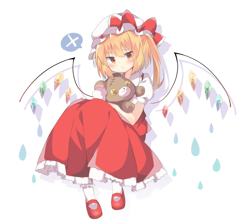 1girl :t absurdres blonde_hair blush bow crystal drop_shadow flandre_scarlet full_body hair_between_eyes hat hat_ribbon highres looking_at_viewer mary_janes mob_cap nanagi petticoat pout puffy_short_sleeves puffy_sleeves red_bow red_eyes red_footwear red_ribbon red_skirt red_vest ribbon shirt shoes short_sleeves sitting skirt skirt_set socks solo spoken_x stuffed_animal stuffed_toy teddy_bear touhou vest white_legwear white_shirt wings