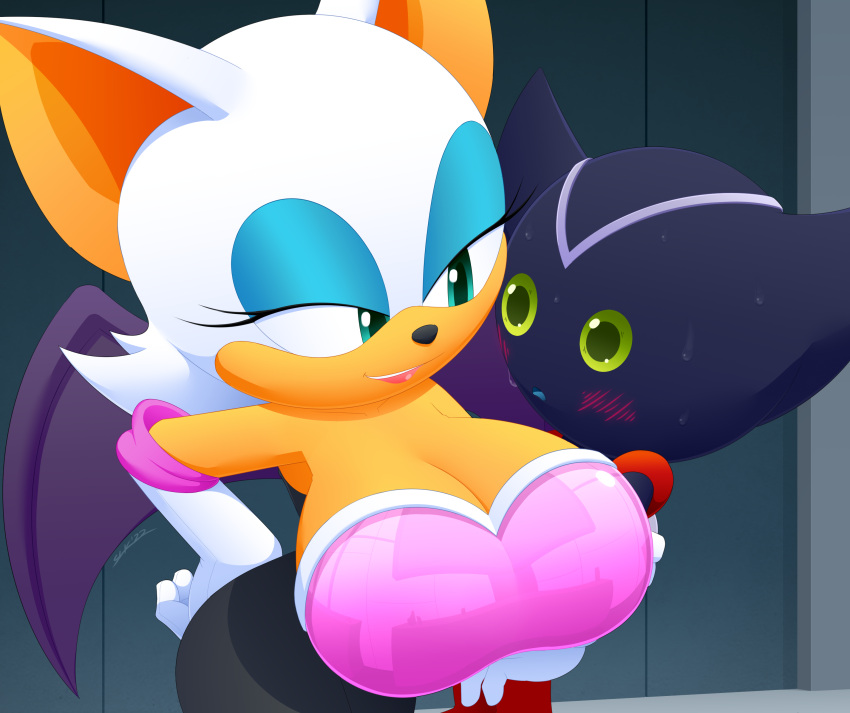 absurd_res anthro armwear bedroom_eyes big_breasts blush bodily_fluids bokkun breasts chiropteran cleavage clothed clothing duo elbow_gloves female gloves handwear hi_res huge_breasts machine male male/female mammal narrowed_eyes robot rouge_the_bat seductive sega slickehedge sonic_the_hedgehog_(series) sonic_x sweat wings