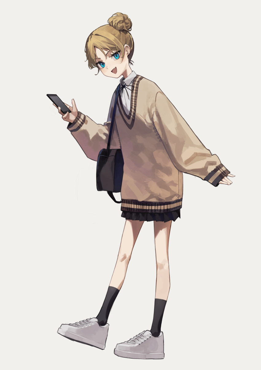 1girl absurdres bag black_legwear black_ribbon black_skirt blue_eyes brown_hair brown_sweater cellphone collared_shirt commentary fang grey_background highres holding holding_phone long_sleeves looking_at_viewer neck_ribbon open_mouth original phone pleated_skirt ribbon school_bag shirt shoes shoulder_bag side_bun simple_background skin_fang skirt sleeves_past_wrists smartphone smile sneakers socks solo sweater white_footwear white_shirt yoon_cook
