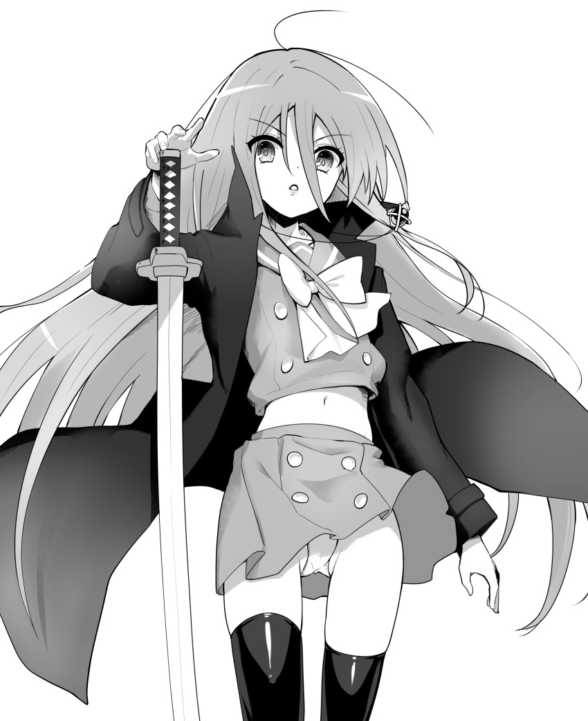 1girl absurdres bow bowtie buttons coat cowboy_shot double-breasted greyscale hair_between_eyes highres katana long_hair looking_at_viewer miniskirt monochrome ohlia open_clothes open_coat panties pantyshot parted_lips planted planted_sword sailor_collar school_uniform serafuku shakugan_no_shana shana simple_background skirt solo standing sword underwear very_long_hair weapon white_background