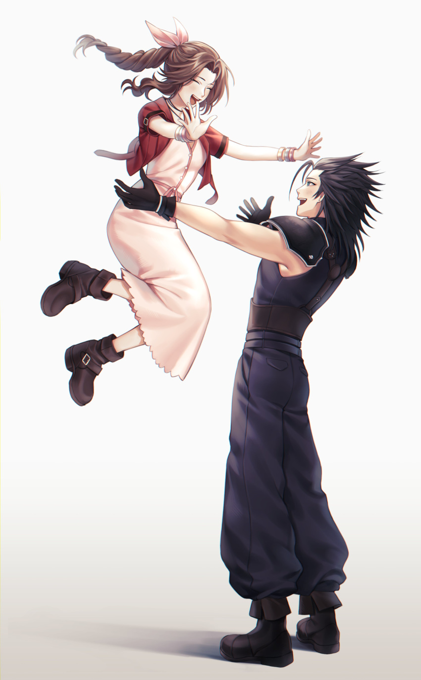 1boy 1girl absurdres aerith_gainsborough armor black_gloves black_hair blush boots bracelet braid braided_ponytail brown_hair couple dress final_fantasy final_fantasy_vii final_fantasy_vii_remake full_body gloves hair_ribbon happy highres jacket jewelry jumping long_hair montaro open_mouth outstretched_arms red_jacket ribbon shoulder_armor single_braid spiked_hair spread_arms zack_fair