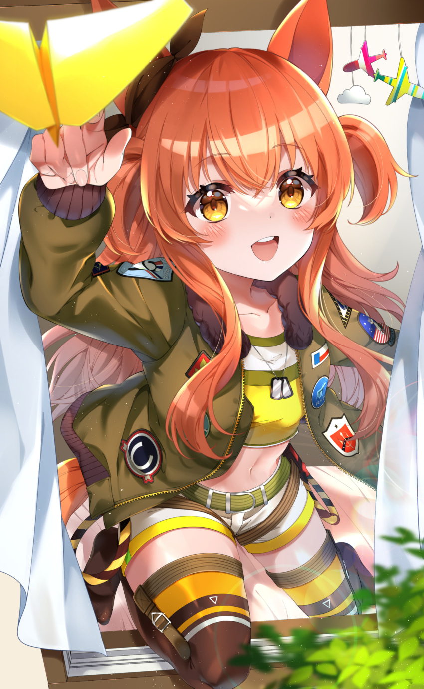 1girl absurdres bed blush bomber_jacket breasts collarbone dog_tags hair_ornament highres jacket mayano_top_gun_(umamusume) midriff nobell_(bell_no5) open_mouth orange_eyes orange_hair paper_airplane shorts small_breasts solo thighhighs umamusume window