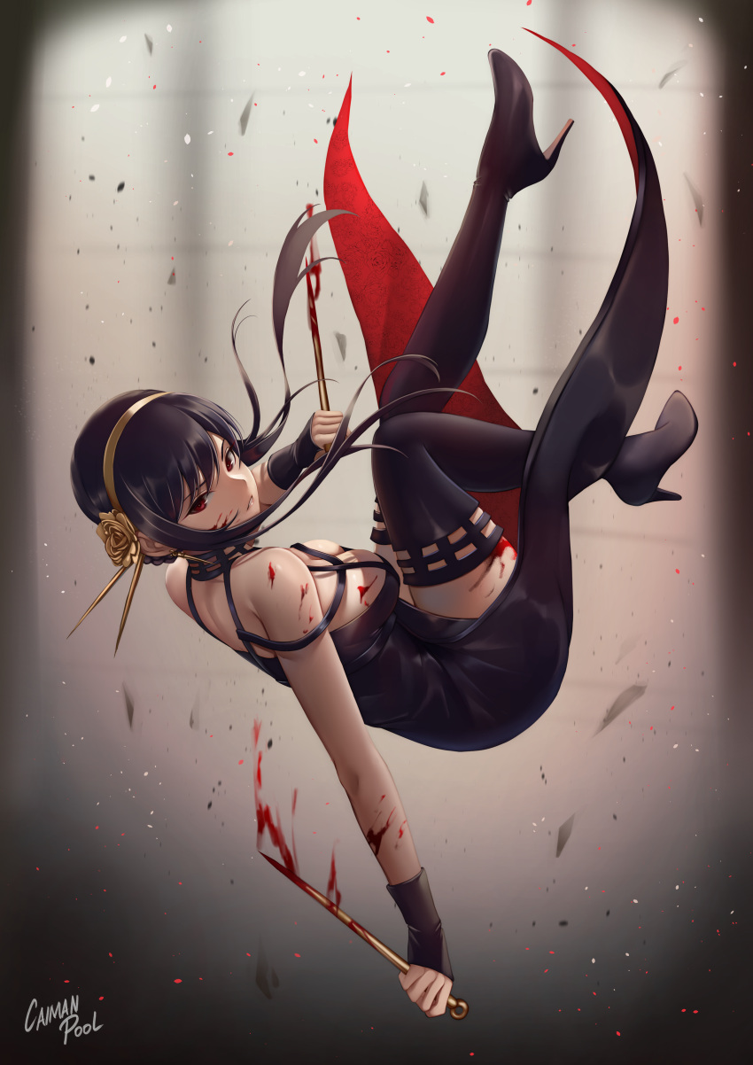 1girl absurdres artist_name bangs bare_shoulders black_dress black_gloves black_hair blood blood_on_arm blood_on_breasts blood_on_face blood_on_leg blood_on_weapon boots breasts caiman_pool dagger dress dual_wielding earrings embers falling fingerless_gloves floating_hair floral_print from_side full_body gloves gold_earrings gold_hairband high_heel_boots high_heels highres holding holding_dagger holding_weapon jewelry knife large_breasts long_hair parted_lips red_eyes reverse_grip rose_hair_ornament rose_print short_hair_with_long_locks sidelocks solo spikes spy_x_family swept_bangs thigh_boots thighhighs two-sided_dress weapon yor_briar zettai_ryouiki
