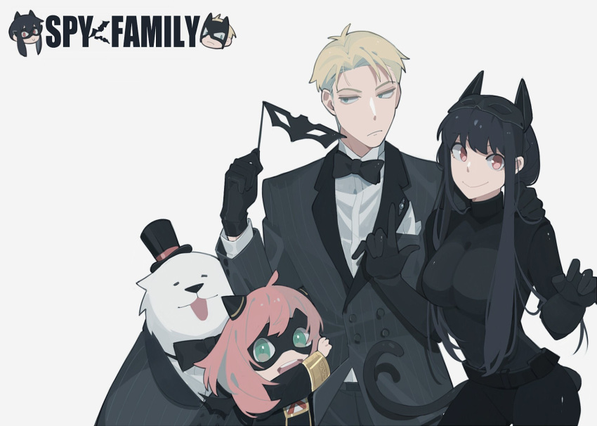 1boy 2girls :p animal_ears anya_(spy_x_family) bangs berldo black_bodysuit black_gloves black_hair blonde_hair blue_eyes bodysuit bond_(spy_x_family) bow bowtie buttons cat_ears cat_tail child collared_shirt dog double-breasted eden_academy_uniform formal gloves green_eyes grin hair_horns half-closed_eyes hand_on_another's_shoulder handkerchief hat highres holding holding_mask jacket jitome long_sleeves mask mask_on_head mask_removed multiple_girls open_mouth parted_hair pink_hair pointing red_eyes shirt sidelocks simple_background smile spy_x_family suit suit_jacket tail tongue tongue_out top_hat tsurime twilight_(spy_x_family) upper_body wing_collar yor_briar