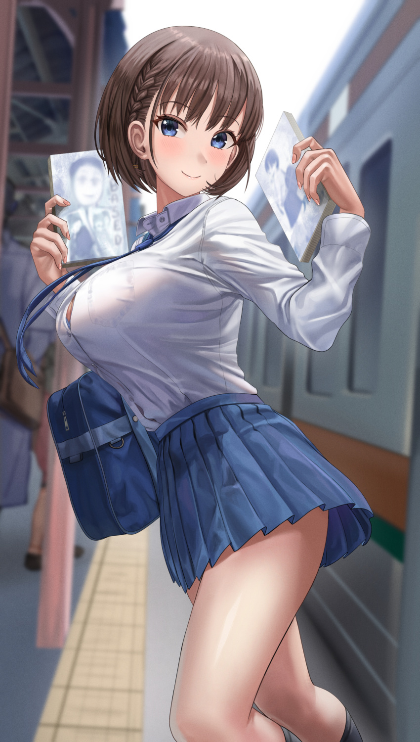 1girl bag black_legwear blue_eyes blue_necktie blue_skirt blush breasts brown_hair getsuyoubi_no_tawawa highres huge_breasts kneehighs long_sleeves looking_at_viewer necktie pleated_skirt school_bag school_uniform shirt short_hair silvertsuki skirt solo uniform