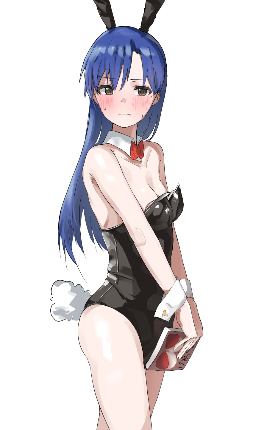 1girl absurdres animal_ears black_leotard blush book bow bowtie breasts dark_blue_hair detached_collar embarrassed full-face_blush highres holding holding_book idolmaster idolmaster_(classic) idolmaster_million_live! kisaragi_chihaya leotard looking_at_viewer oversized_clothes pads pdal_(pdalhhh) rabbit_ears rabbit_tail simple_background small_breasts solo straight_hair sweatdrop tail white_background wrist_cuffs