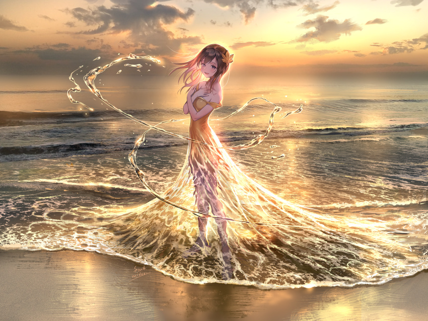 1girl bangs banned_artist bare_shoulders barefoot beach blush brown_hair cloud commentary crossed_arms dress eyebrows_visible_through_hair full_body hair_ornament hands_on_own_chest highres horizon liquid_clothes long_hair looking_at_viewer midori_foo ocean off_shoulder orange_dress original outdoors scenery sky smile solo standing sunset water water_dress waves