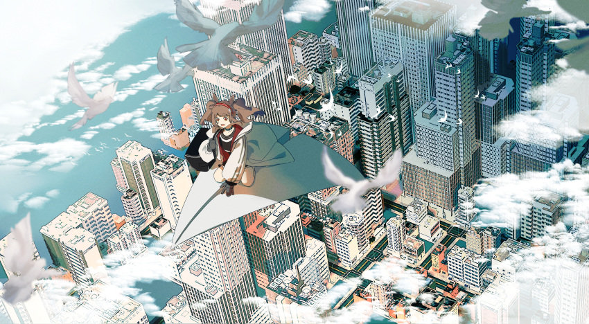 1girl absurdres angelina_(arknights) animal_ears arknights bag bird black_gloves black_shirt brown_hair building city cloud coat collar day duffel_bag flying fox_ears from_above full_body gloves haku_(muc12b) highres infection_monitor_(arknights) kneeling long_hair long_sleeves open_clothes open_coat open_mouth outdoors paper_airplane puffy_long_sleeves puffy_sleeves red_eyes scenery shirt sidelocks solo twintails white_coat
