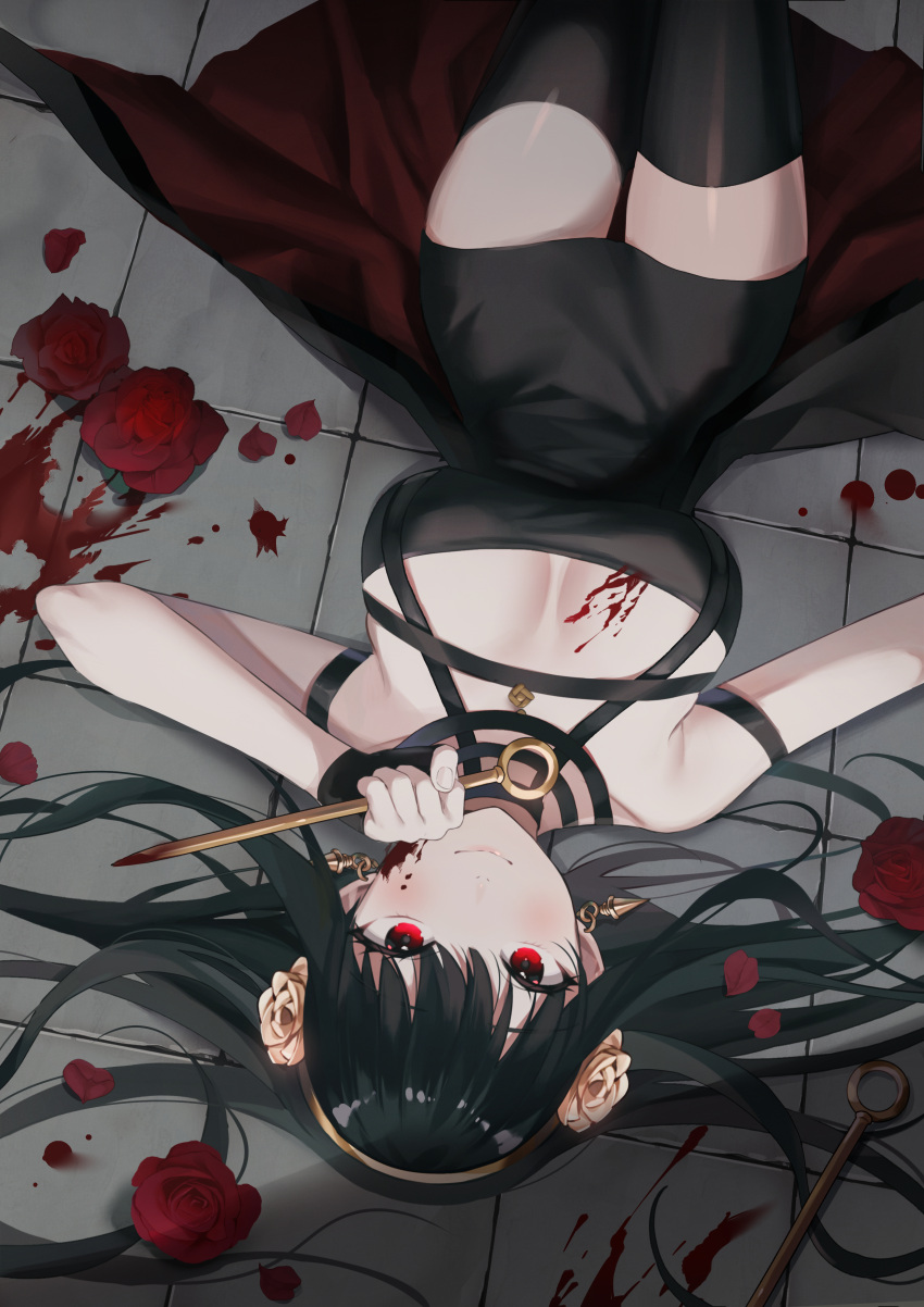 1girl absurdres black_dress black_legwear blood blood_on_breasts blood_on_face blood_on_weapon blush breasts churi_(oxxchurixxo) cleavage closed_mouth dress flower hair_flower hair_ornament hairband highres holding holding_weapon large_breasts looking_at_viewer lying on_back on_floor petals red_eyes red_flower red_rose rose rose_petals sleeveless sleeveless_dress smile solo spy_x_family thighhighs tile_floor tiles upside-down weapon yellow_flower yellow_hairband yellow_rose yor_briar zettai_ryouiki