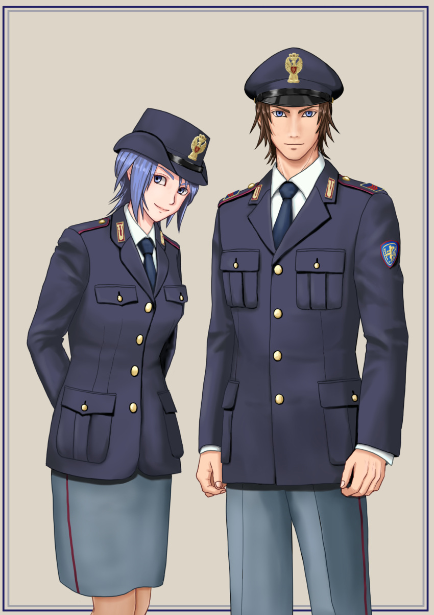 1boy 1girl aqua_(kingdom_hearts) blue_eyes blue_hair brown_hair hat highres italy jacket kingdom_hearts kingdom_hearts_iii necktie pants piiiiiko police police_hat police_uniform policeman policewoman polizia skirt terra_(kingdom_hearts) tunic uniform