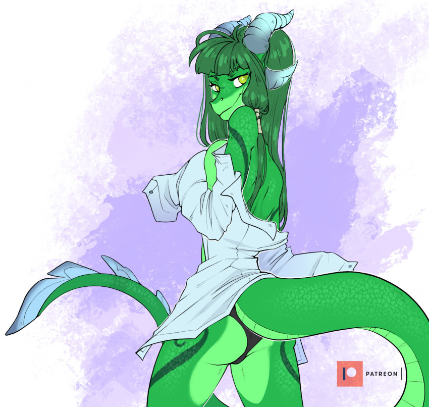 2022 anthro breasts clothed clothing digital_media_(artwork) dragon female gimka green_body green_eyes green_hair green_scales hair hi_res horn looking_at_viewer non-mammal_breasts scales smile solo wingless_dragon