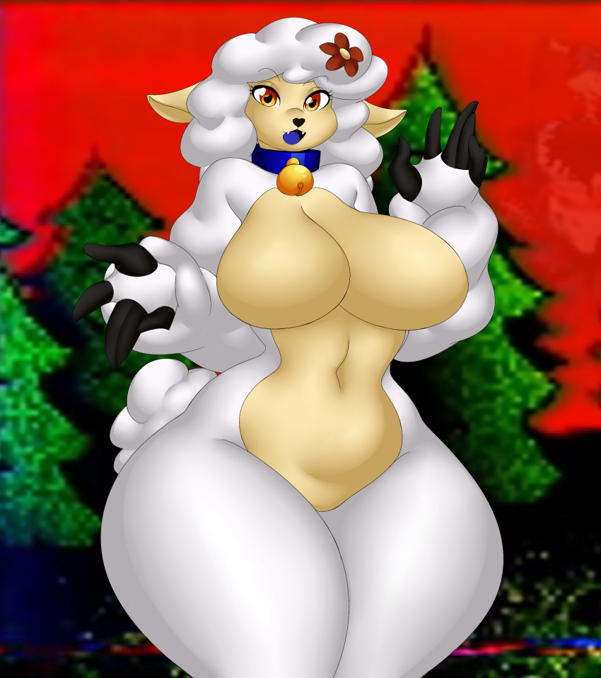 absurd_res amber_eyes animatronic anthro bare_breasts bell bell_accessory bell_collar big_breasts big_butt black_fingers black_nose blue_mouth blue_tongue bovid breasts butt caprine choker collar collar_only collar_with_bell curvaceous curvy_figure fangs featureless_(disambiguation) featureless_breasts featureless_chest featureless_crotch female flower flower_accessory fur hi_res huge_breasts jewelry kylelyn_(artist) machine mammal multicolored_body navel necklace nude orange_eyes outside plant red_sky robot sha_(twf) sheep sky small_waist solo the_walten_files tongue tree voluptuous white_body white_fur wide_hips wool_(disambiguation)