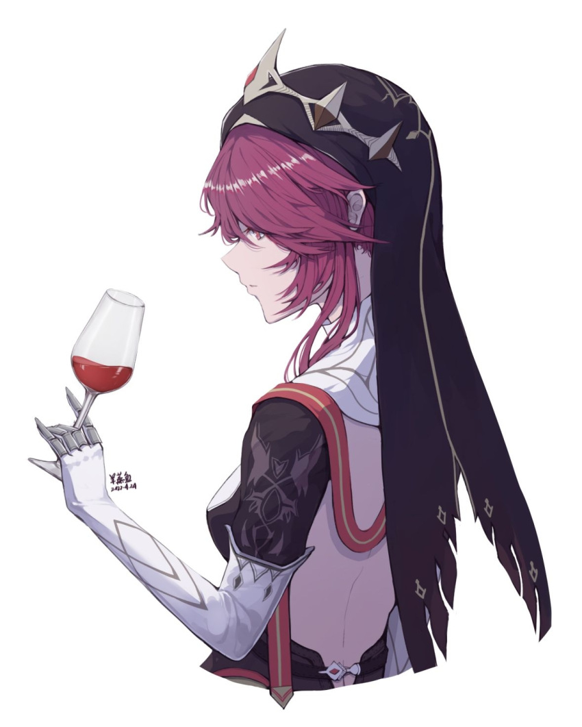 1girl alcohol backless_dress backless_outfit black_dress breasts cropped_torso cup dated dress drink drinking_glass elbow_gloves genshin_impact gloves highres holding holding_cup long_hair parted_lips profile purple_hair red_eyes rosaria_(genshin_impact) signature simple_background small_breasts solo upper_body veil white_background white_gloves wine wine_glass yang_zheng_yu
