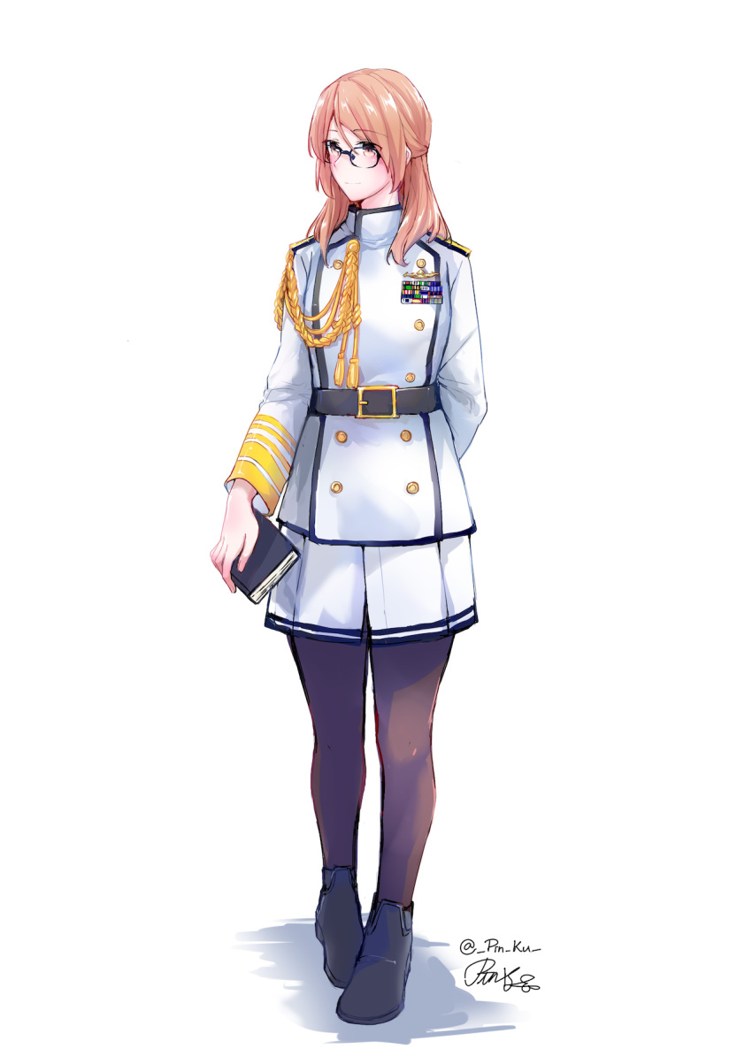 1girl aiguillette black-framed_eyewear black_legwear book brown_eyes brown_hair epaulettes female_admiral_(kancolle) full_body glasses highres holding holding_book kantai_collection long_hair long_sleeves military military_uniform naval_uniform pantyhose pin.s skirt solo standing uniform white_skirt