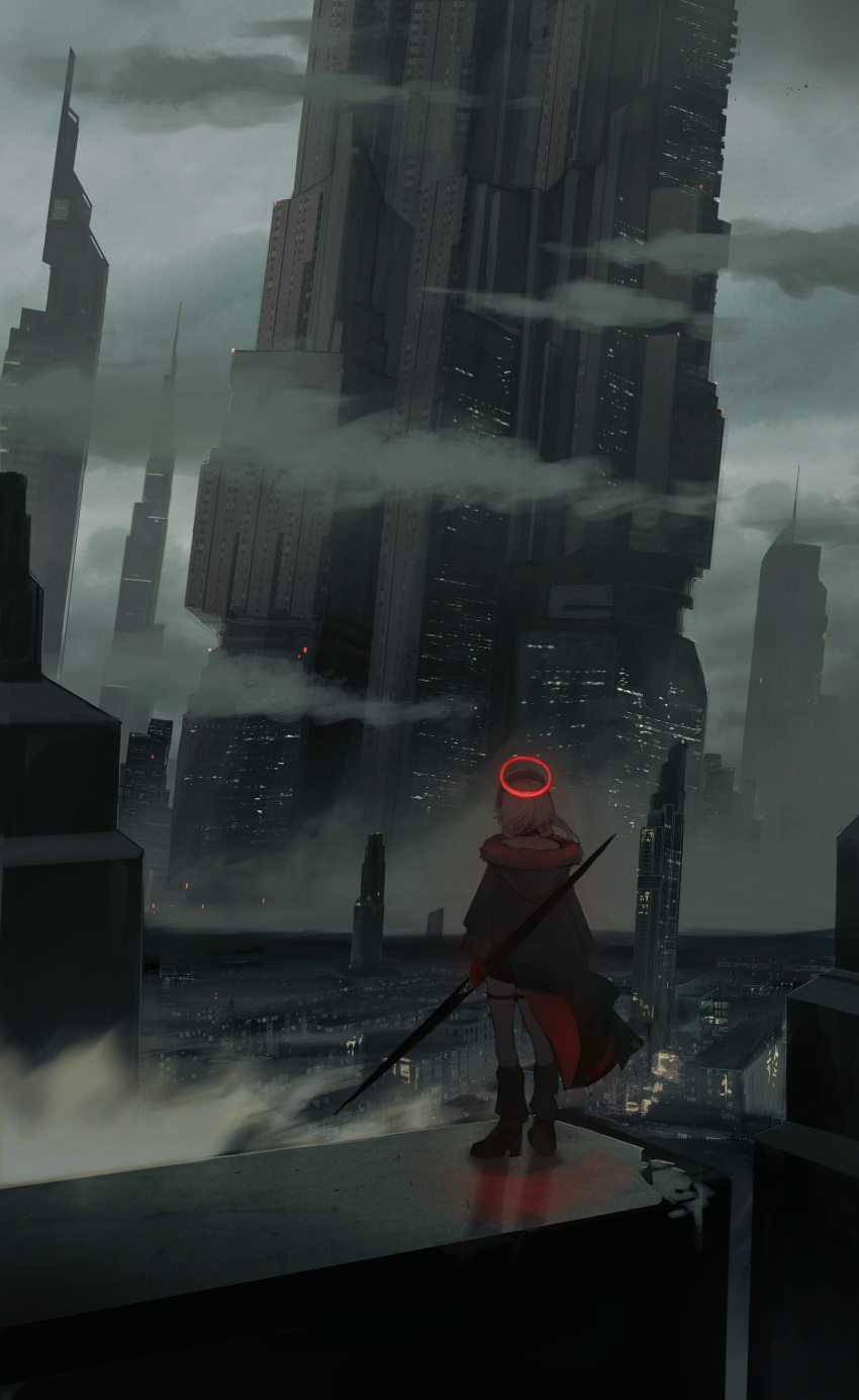 1other absurdres ambiguous_gender black_coat building city cloud cloudy_sky coat es-ther from_behind glowing halo highres holding holding_weapon original outdoors scenery short_hair sky skyscraper standing weapon wide_shot