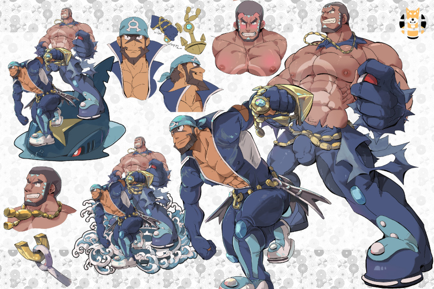 2boys abs anchor_symbol archie_(pokemon) artist_logo bandana bara belt blue_bandana blue_bodysuit blush bodysuit bulge closed_mouth detached_collar facepaint gloves highres jewelry knee_pads large_pectorals male_focus matt_(pokemon) mature_male multiple_boys multiple_views muscular muscular_male navel necklace nipples pectoral_cleavage pectorals poke_ball pokemon pokemon_(creature) pokemon_(game) pokemon_rse poses pubic_hair sharpedo shibadon_co short_hair sideburns simple_background smile stomach symbol tan thick_thighs thighs tight topless_male torn_clothes waves