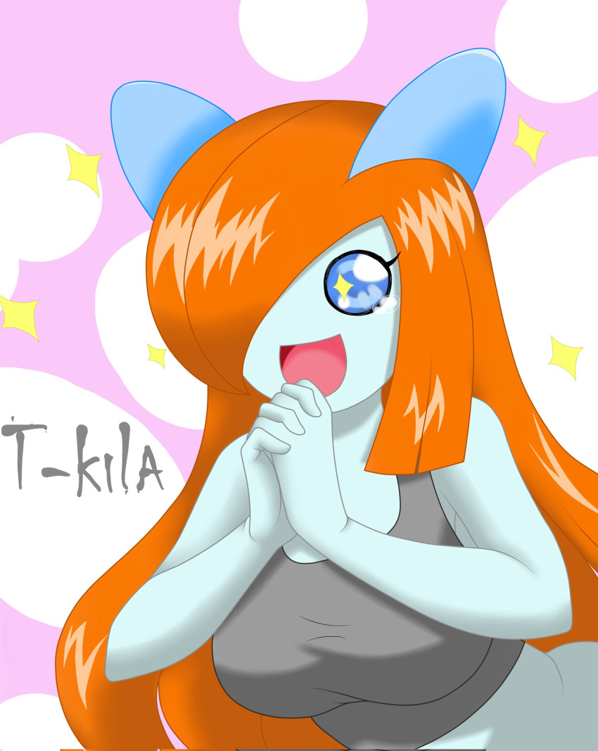 2022 big_breasts blue_eyes breasts clasped_hands clothing female hair hair_over_eye happy hi_res humanoid kirlia licerzing long_hair nintendo not_furry one_eye_obstructed open_mouth orange_hair pok&eacute;mon pok&eacute;mon_(species) shirt signature simple_background solo sparkling_eyes tank_top topwear video_games wide_eyed