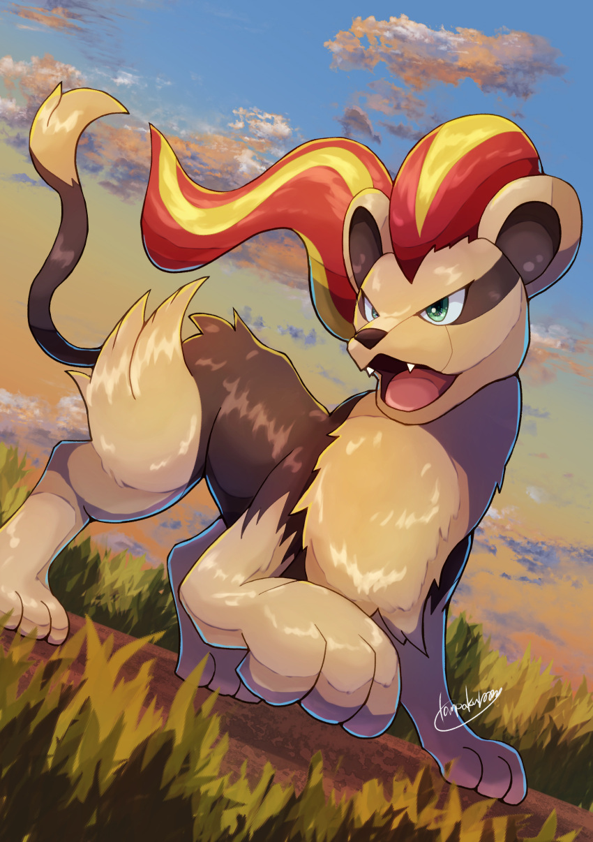 absurdres cloud commentary_request day fangs from_below grass green_eyes highres looking_to_the_side no_humans open_mouth outdoors pokemon pokemon_(creature) pyroar pyroar_(female) signature sky solo standing tanpakuroom tongue