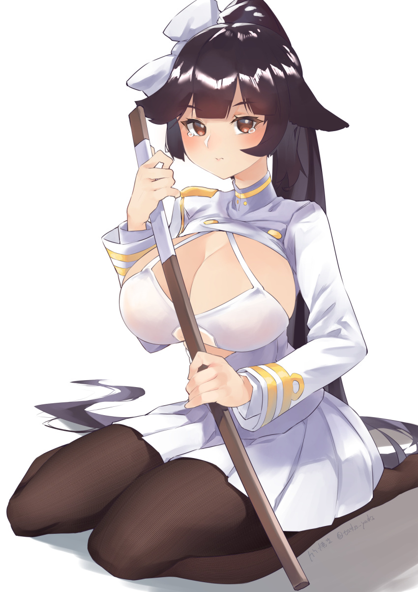 1girl animal_ears azur_lane bangs bikini bikini_top_only bikini_under_clothes black_hair black_legwear blunt_bangs bow breasts brown_eyes buttons cleavage closed_mouth criss-cross_halter dog_ears double-breasted extra_ears floppy_ears hair_bow hair_ears hair_flaps halter_top halterneck highres jacket large_breasts long_hair long_sleeves looking_at_viewer military military_uniform miniskirt open_clothes open_shirt pantyhose pleated_skirt ponytail pouty_lips sitting skirt swimsuit sword takao_(azur_lane) take_yaki tears uniform very_long_hair weapon white_swimsuit wooden_sword