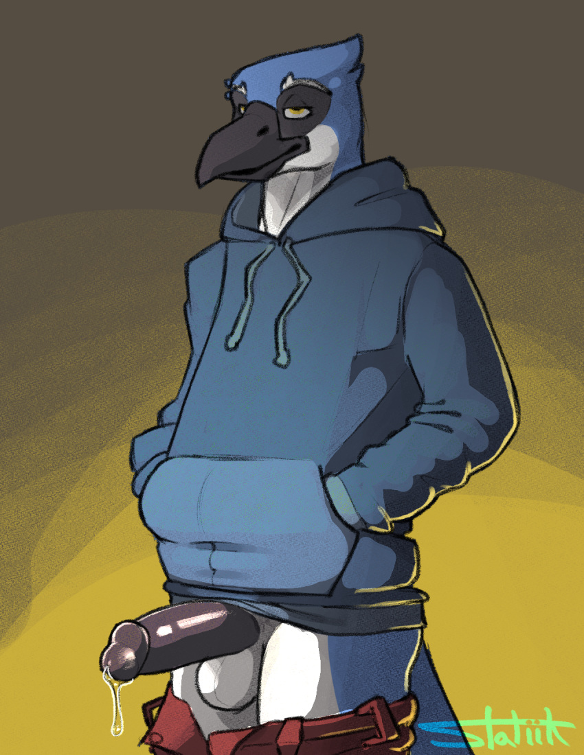 anthro avian beak big_penis biped bird black_beak blue_clothing blue_hoodie blue_topwear bodily_fluids bottomwear bottomwear_down clothed clothing dripping erection genital_fluids genitals glistening glistening_genitalia hands_in_both_pockets hi_res hoodie humanoid_genitalia humanoid_penis looking_relieved male mostly_clothed mouth_partially_open pants pants_down partially_clothed penis pinup pose precum precum_drip presenting relieved retracted_forskin simple_background smile solo solo_focus standing statiik_(artist) topwear unzipped unzipped_pants