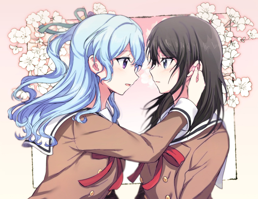 2girls aoiro_050 bang_dream! black_hair blush brown_dress buttons double-breasted dress eye_contact face-to-face grey_eyes hanasakigawa_school_uniform hand_in_another's_hair hello_happy_world! light_blue_hair long_hair long_sleeves looking_at_another matsubara_kanon medium_hair multiple_girls neck_ribbon neckerchief okusawa_misaki one_side_up purple_eyes red_ribbon ribbon sailor_dress school_uniform yuri