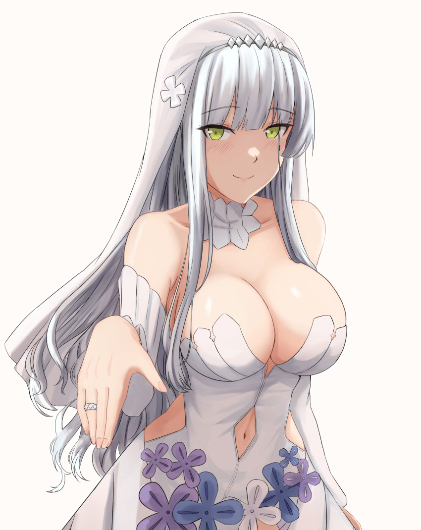 1girl breasts bride cleavage cowboy_shot cyka detached_collar dress elbow_gloves eyebrows_visible_through_hair facial_mark frills girls'_frontline gloves green_eyes highres hk416_(girls'_frontline) jewelry large_breasts long_hair ring silver_hair simple_background solo strapless strapless_dress teardrop teardrop_facial_mark teardrop_tattoo wedding_dress wedding_ring white_background white_dress