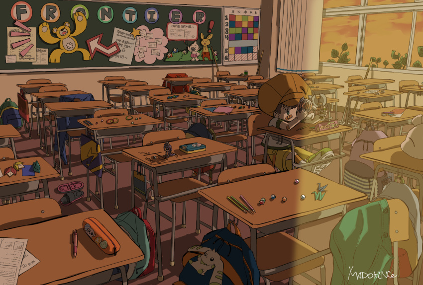 1boy bag blue_eyes brown_headwear chair character_request classroom cloud cloudy_sky curtains desk digimon digimon_(creature) digimon_frontier evening gradient_sky highres indoors male_focus on_desk orange_sky pencil playing scenery school school_bag school_chair school_desk sitting sky solo toy window wwrobo