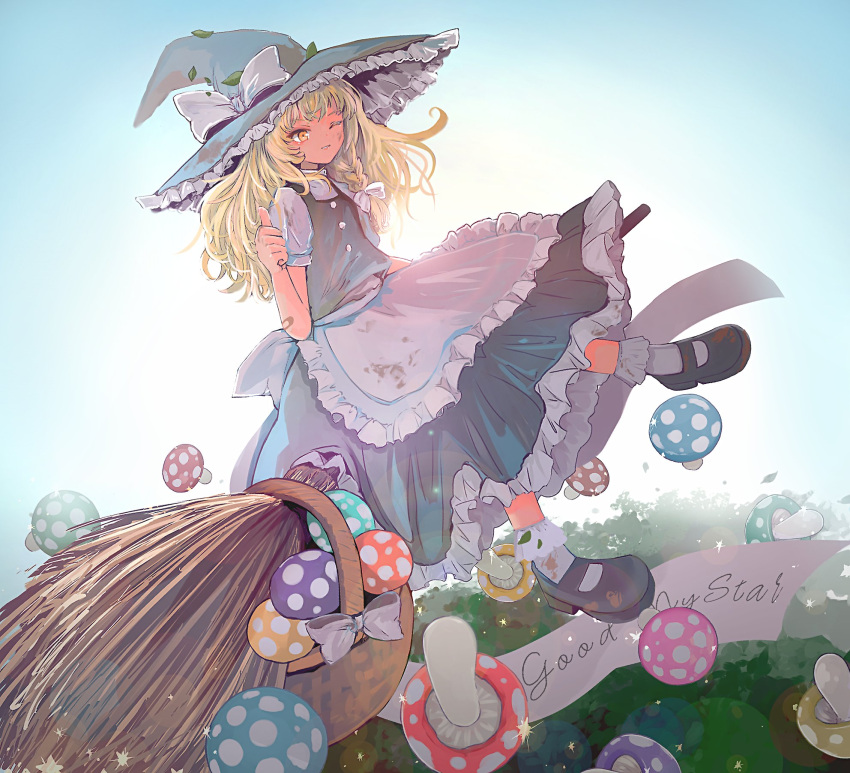 1girl apron basket black_footwear black_headwear black_skirt black_vest blonde_hair bobby_socks bow braid broom broom_riding buttons commentary eyebrows_visible_through_hair frilled_skirt frills full_body hair_bow hat hat_bow highres ichinose_(kurui96) kirisame_marisa leaf long_hair looking_at_viewer mary_janes mushroom one_eye_closed puffy_short_sleeves puffy_sleeves shirt shoes short_sleeves single_braid skirt skirt_set smile socks solo thumbs_up touhou vest waist_apron white_apron white_bow white_legwear white_shirt witch_hat yellow_eyes