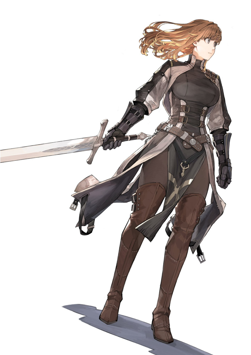 1girl belt boots breasts brown_hair full_body gauntlets gloves highres holding holding_sword holding_weapon jacket jun_(seojh1029) long_sword longsword_(seojh1029) medium_hair original solo sword symbol-only_commentary thigh_boots thighhighs weapon white_background