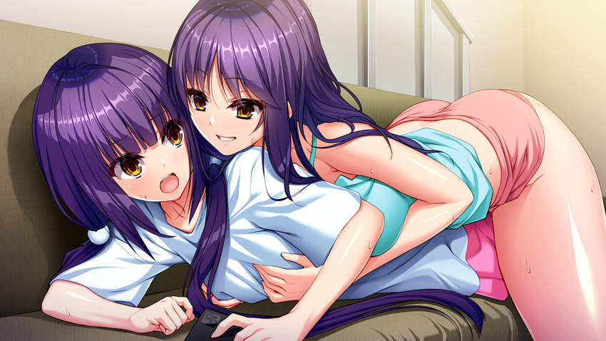 2girls aqua_shirt bangs blunt_bangs breast_grab cellphone couch eyebrows_visible_through_hair game_cg grabbing grabbing_from_behind grin hair_between_eyes holding holding_phone ichikawa_noa indoors kana_(ore_to_nakayoshi_shimai_no_inma_na_himitsu) long_hair looking_at_another lying multiple_girls on_stomach open_mouth ore_to_nakayoshi_shimai_no_inma_na_himitsu pants phone pink_pants pink_shorts purple_hair saya_(ore_to_nakayoshi_shimai_no_inma_na_himitsu) shiny shiny_skin shirt short_sleeves shorts sleeveless sleeveless_shirt smartphone smile straight_hair sweatdrop t-shirt very_long_hair white_shirt yellow_eyes yuri