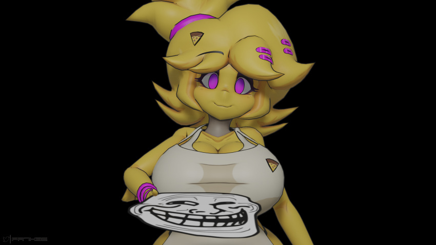 accessory apron avian big_breasts bird blonde_hair breasts chica_(cally3d) chica_(fnaf) chicken clothing feathers female five_nights_at_freddy's galliform gallus_(genus) hair hair_accessory hi_res holding_object meme phasianid prykez purple_eyes scottgames solo trollface video_games wristband yellow_body yellow_feathers