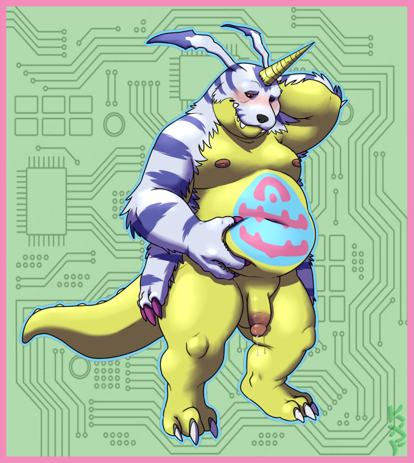 animal_skin anthro balls bandai_namco belly belly_markings blush bodily_fluids claws digimon digimon_(species) flaccid fupa gabumon genital_fluids genitals hi_res horn kronexfire male markings moobs navel nipples overweight penis precum scalie solo yellow_body