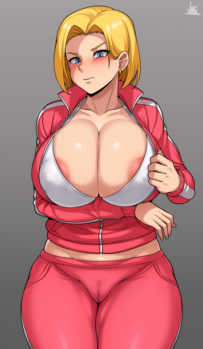 1girl absurdres alternate_breast_size android_18 areola_slip areolae belly blonde_hair blue_eyes blush bra breast_hold breasts cameltoe cleavage cleavage_reach collarbone covered_nipples curvy dragon_ball dragon_ball_super english_commentary fingernails grey_background hair_intakes highres jacket jmg large_areolae legs_together looking_at_viewer mature_female paid_reward_available pants partially_unzipped pink_jacket pink_pants pink_track_suit short_hair solo standing sweatdrop thick_thighs thighs track_pants underwear white_bra