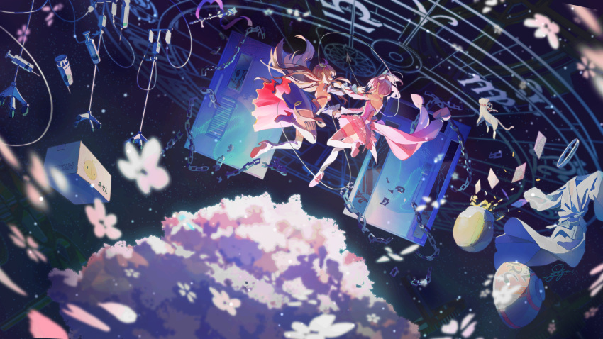 2girls absurdres back blurry blurry_foreground bowl box breasts brown_hair cardboard_box chain cherry_blossoms chiyoda_momo demon_girl demon_horns demon_tail dog door dress floating flower high_heels highres holding_hands horns hospital_gown intravenous_drip jdge long_hair machikado_mazoku magic_circle magical_girl medium_hair multiple_girls night night_sky outdoors pink_hair pot revealing_clothes rice_bowl sideboob signature skirt sky star_(sky) starry_sky surreal syringe tail thighhighs tree very_long_tail yoshida_yuuko_(machikado_mazoku) zodiac