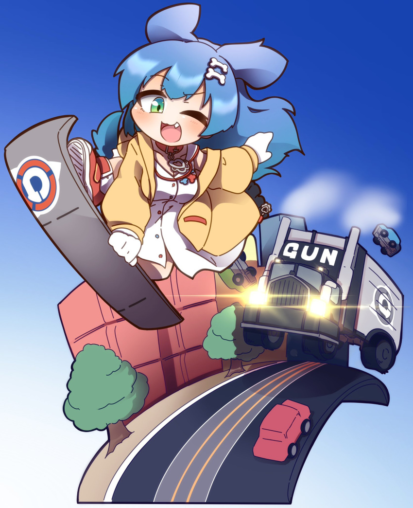 1girl ;d akainu_pony alternate_eye_color alternate_hair_color animal_ears blue_hair bone_hair_ornament breasts building car dog_ears dress fang fleeing gloves green_eyes ground_vehicle hair_ornament highres hololive inugami_korone jacket long_hair motor_vehicle one_eye_closed shoes smile sneakers sonic_(series) sonic_adventure_2 sonic_the_hedgehog tree truck virtual_youtuber white_dress white_gloves yellow_jacket