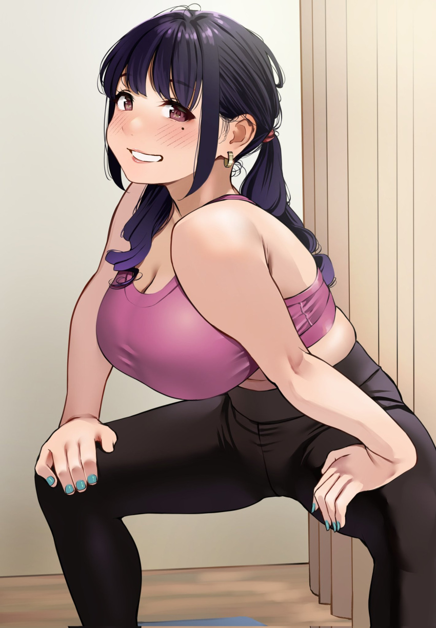 1girl bangs blue_nails blush breasts brown_eyes cleavage earrings fingernails grin hands_on_own_knees highres horse_stance igarashi_kyouhei indoors jewelry large_breasts long_hair looking_at_viewer mole mole_under_eye nail_polish original pants purple_hair smile solo sports_bra spread_legs squatting twintails yoga_pants younger_cousin_(igarashi_kyouhei)
