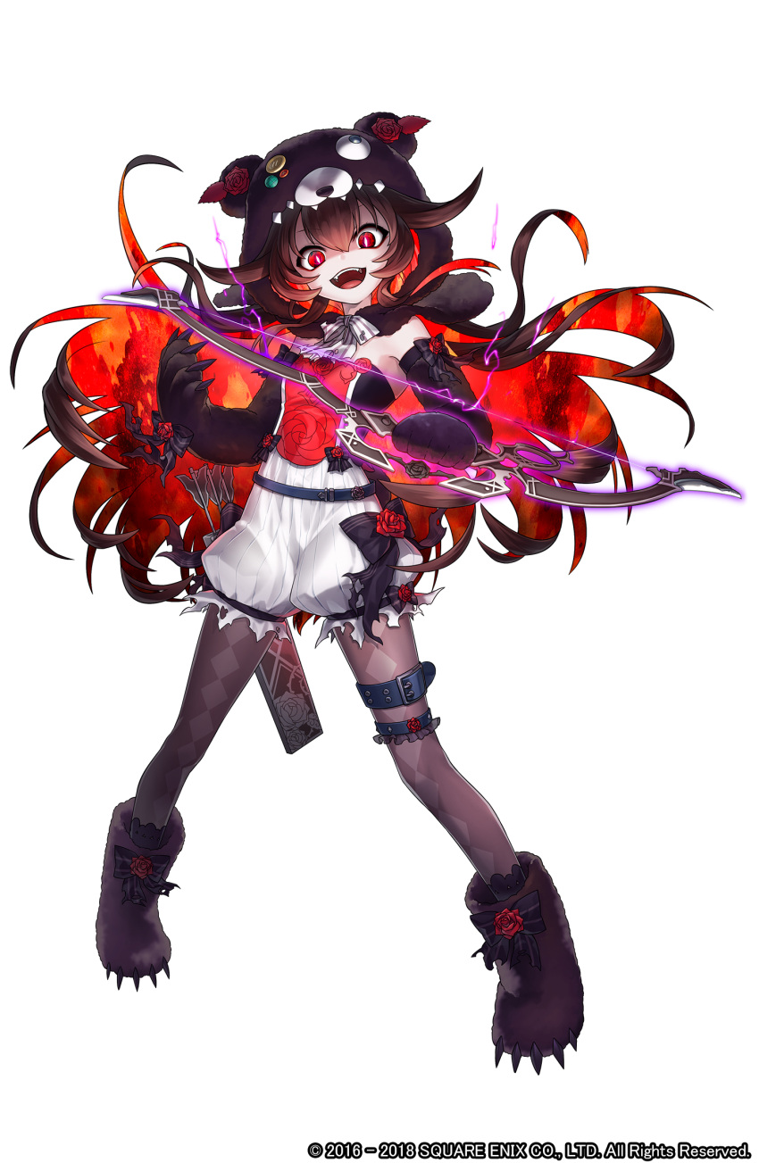 1girl animal_hands animal_hood bloomers bow_(weapon) full_body gloves gradient gradient_background grimms_notes highres hood hood_up official_art open_mouth paw_gloves red_eyes sakanahen shadow_rose_red simple_background smile solo teeth underwear weapon white_background