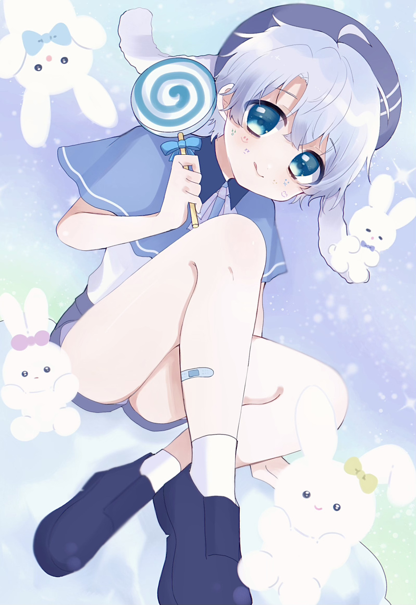 1boy bandaid bandaid_on_leg blue_eyes blue_hair blush bunny candy cyokomilk0901 food hat highres holding holding_food lollipop male_focus original short_hair short_shorts shorts smile solo stuffed_animal stuffed_toy tongue tongue_out