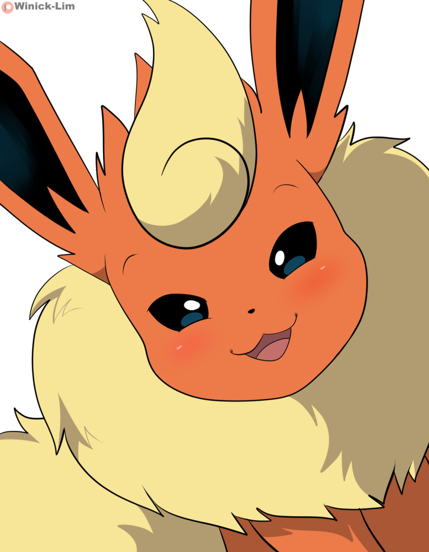 2021 ambiguous_gender artist_name black_eyes blush eeveelution feral flareon fur head_tilt hi_res looking_at_viewer nintendo orange_body orange_ears patreon patreon_logo pok&eacute;mon pok&eacute;mon_(species) simple_background smile smiling_at_viewer solo tan_body tan_fur tongue video_games white_background winick-lim