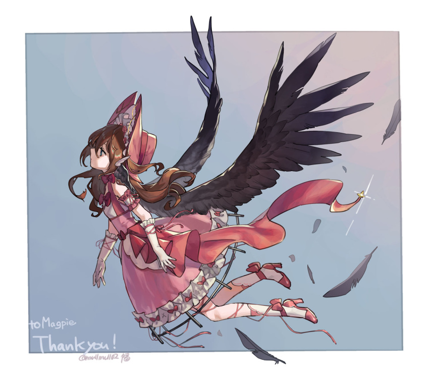 1girl bird_wings bonnet border brown_hair closed_mouth commentary commission dress english_commentary flying from_side gloves green_eyes high_heels highres indie_virtual_youtuber long_hair magpie_(vtuber) mullmull02 pink_dress pink_footwear shoes skeb_commission socks solo twitter_username white_border white_gloves white_legwear wings
