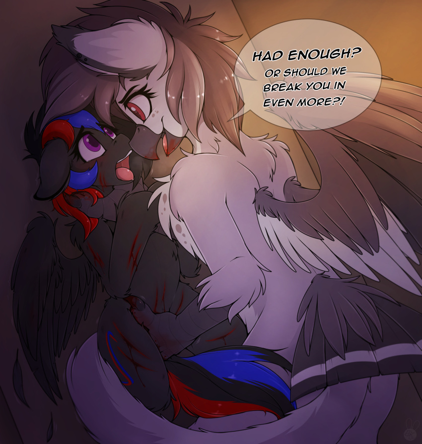 2018 ahegao asphyxiation avian beak black_body black_fur blood bloodplay bodily_fluids breath breath_play chest_tuft choking claws digital_media_(artwork) dominant dominant_female duo english_text equid equine fan_character feathered_wings feathers female fight fingering fur grey_body grey_feathers grey_hair gryphon hair hasbro hi_res looking_pleasured mammal meggchan multicolored_hair my_little_pony mythological_avian mythology pegasus purple_eyes red_eyes smile spread_wings tail_feathers text tongue tongue_out tuft vaginal vaginal_fingering white_body white_feathers wings