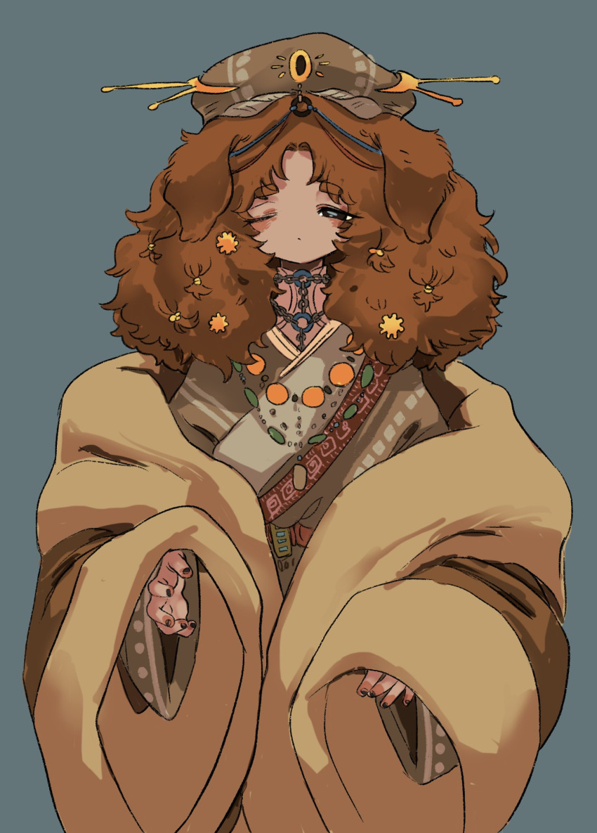 1other :/ androgynous animal_ears black_eyes blue_background brown_coat brown_hair chain coat curly_hair dog_ears hair_ornament hair_tie highres jewelry long_sleeves looking_at_viewer medium_hair necklace one_eye_closed original personification robe shima_(wansyon144) solo thick_eyebrows tibetan_clothes tibetan_mastiff upper_body wide_sleeves