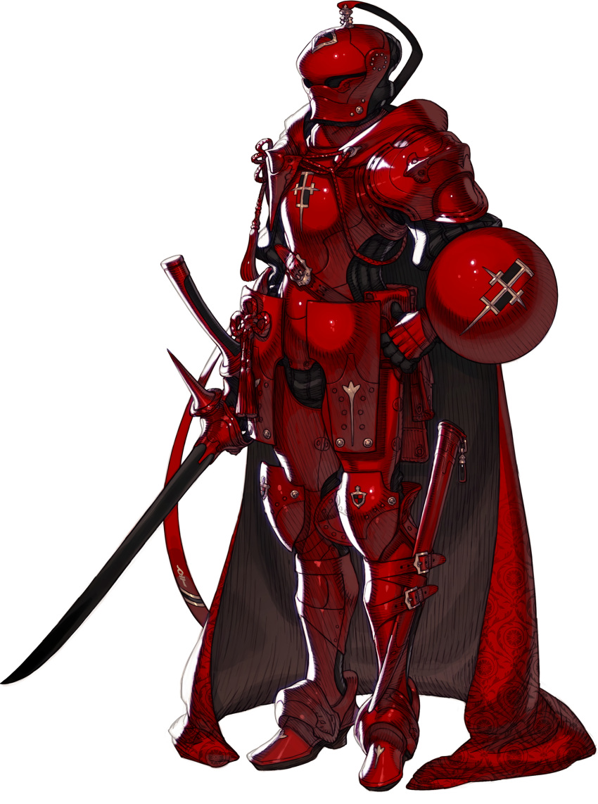absurdres armor armored_boots boots breastplate buckler cape emblem fujisaka_kimihiko full_armor full_body helmet highres holding holding_sword holding_weapon non-web_source official_art photoshop_(medium) red_armor red_cape red_theme sheath shield simple_background standing sword voice_of_cards:_the_isle_dragon_roars weapon white_background